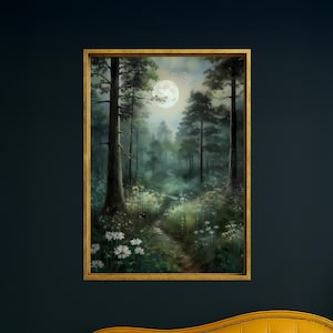 Full Moon Forest Path Canvas Art: Misty Wildflower Landscape