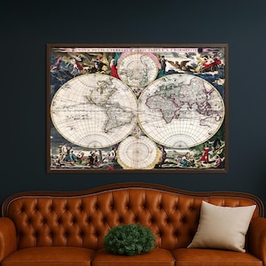Vintage World Map Canvas Wall Art, Antique Style Globe Print