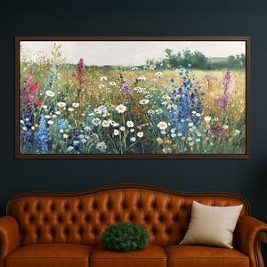 Framed Wildflower Meadow Canvas Art: Rustic Cottagecore Decor