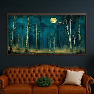 Moon & Stars Wall Art, Vintage Dark Forest Landscape Canvas, Mystical Night Sky Print for Farmhouse, Cozy Home and Living Room Decor.