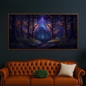 Framed Enchanted Night Forest Wall Art, Mystical Dark Woods Canvas, Glowing Fireflies Path Print, Dreamy Midnight Nature Wall Decor