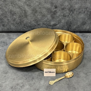 Brass Masala Box in Matte - Hand Hammered - Round Spice Container | Indian Masala Dabba | Kitchen Decor | Housewarming Gift