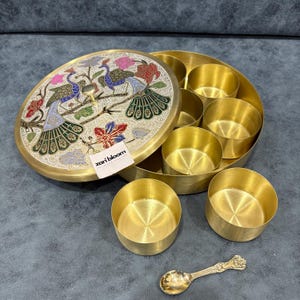 Brass Masala Box Hand Painted Peacock | Round Spice Container | Traditional Indian Masala Dabba | Kitchen Decor | Housewarming.