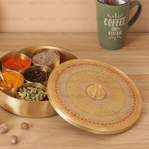 Hand Painted Brass Masala Box | Round Spice Container | Indian Spice Container | Housewarming Gift