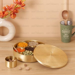 Brass Masala Box | Engraved Lid - Round Spice Container | Traditional Indian Spice Container | Housewarming Gift