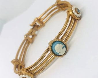Signed LJM 3 Row Cameo Bracelet Faux Pearls Rhinestones Vintage Designer Jewelry