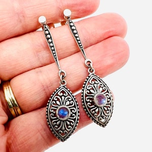 Vintage Sterling Silver Filigree Moonstone Dangle Earrings