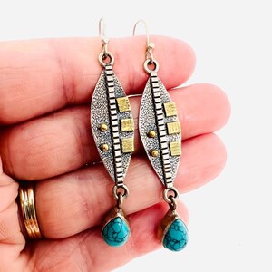 Juan Carlos Cahue Sterling Silver Turquoise Modernist Drop Dangle Earrings Fine Vintage Jewelry