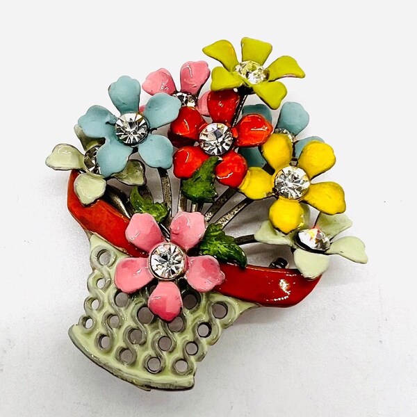 ALILANG Floral Basket Brooch Pin - Silvery Tone With Colorful Rhinestones - Spring Design