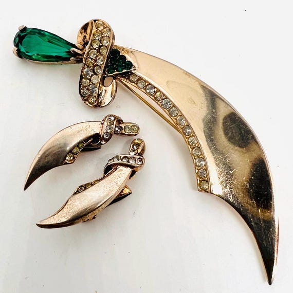 Sterling Silver Vermeil Scimitar Rhinestone Brooch Earrings Demi Fine Vintage Jewelry