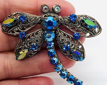 Large Blue AB Rhinestone Filigree Dragonfly Brooch Vintage Designer Jewelry