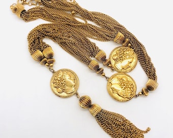 LES BERNARD Long Multi Chain Ancient Roman Coin Necklace Tassel Vintage Designer Jewelry