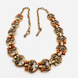 Heart Shaped Filigree Links Faux Coral Beaded & Pearls Necklace Vintage Designer Jewelry
