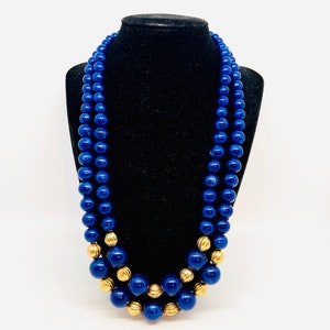 Chunky Double Strand Faux Lapis Lazuli & Gold Tone Bead Necklace Vintage Jewelry