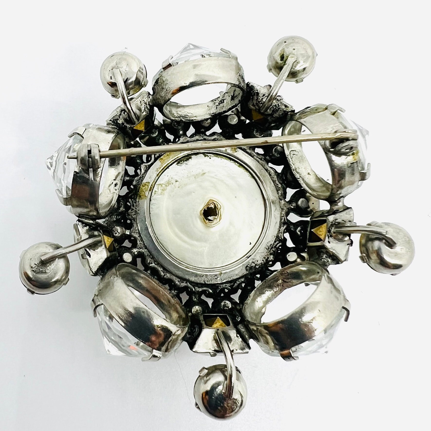 Schreiner Pin Brooch; Smoke, Bronze, and Clear Rhinestone