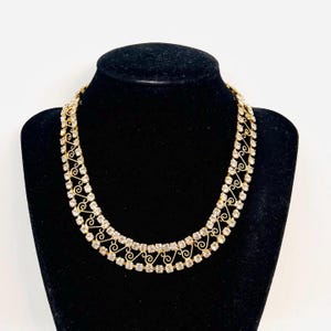 Clear Sparkling Rhinestone & Filigree Scrolls Necklace 16.5 Inch Vintage Jewelry