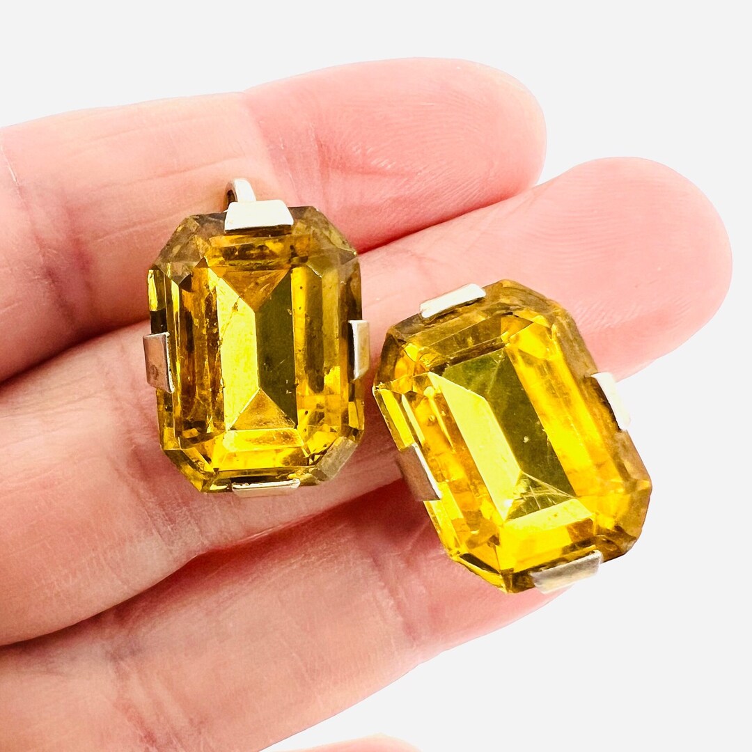Art Deco Sterling Silver Citrine Rhinestone Earrings Screw Back Fine ...