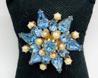 Beautiful CORO Blue Rhinestone Star Brooch Signed Faux Pearls Vintage Designer Jewelry