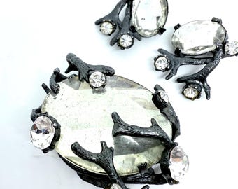 Rare HATTIE CARNEGIE Rhinestone Vine Wrapped Brooch & Earrings Signed Vintage Designer Jewelry