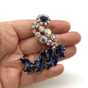 JULIANA Delizza & Elster Rhinestone Brooch Stylized BIRD AB Blue Figural Vintage Designer Jewelry
