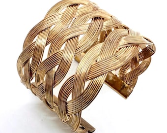 Wide Gold Tone Woven Wire Wrapped Cuff Bracelet 2 Inches Vintage Jewelry