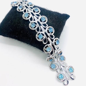 Wide Baby Blue Rhinestone Bracelet Scrolling Rhodium Plated Vintage Designer Jewelry