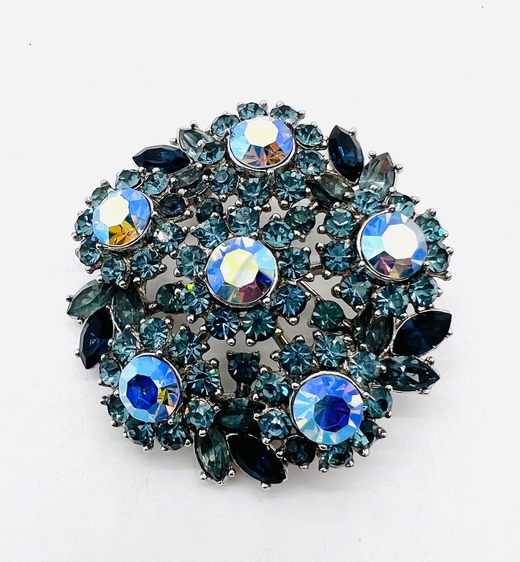 TRIFARI Layered Shades of Blue & AB Rhinestone Brooch Signed Vintage ...