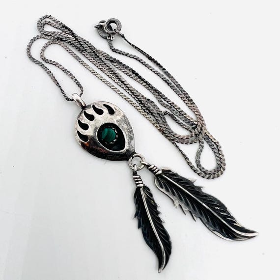 E. Yazzie Sterling Silver Malachite Bear Claw Necklace
