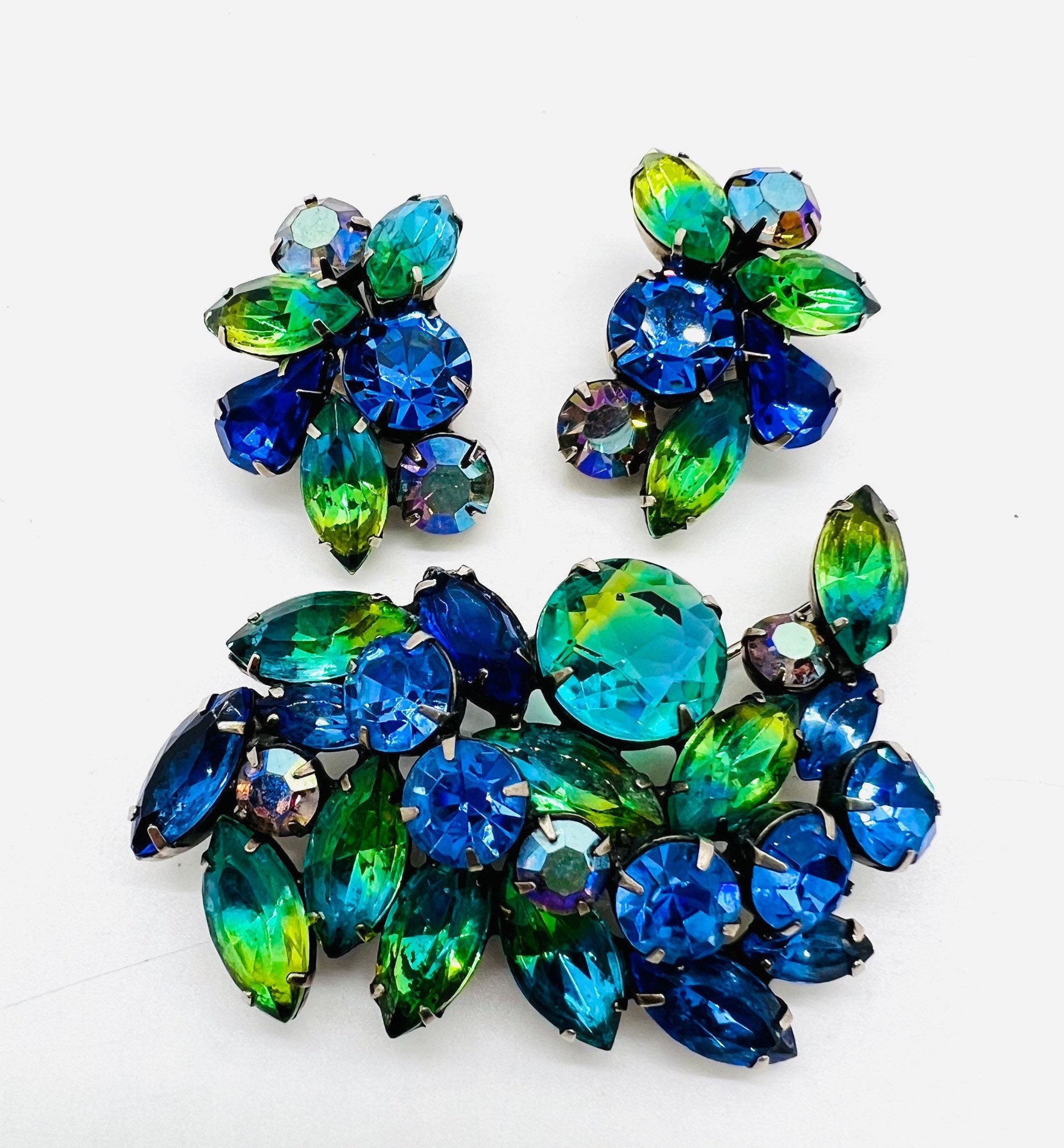 Regency Blue Green Triangular Brooch, Aurora Borealis, 1960s