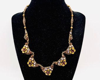 WEST GERMANY Ornate Amethyst Rhinestone & Enameled Necklace Vintage Jewelry