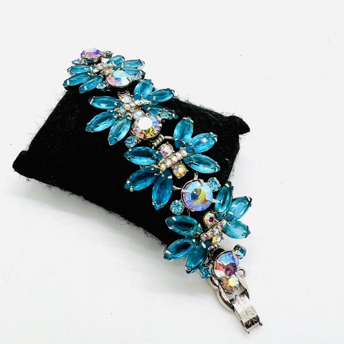 Wide JULIANA Delizza & Elster Cornflower Blue Rhinestone Bracelet Small Wrist Vintage Designer Jewelry shops