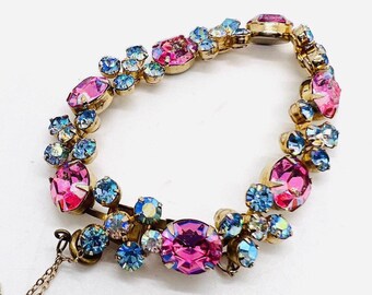 VENDOME Pastel Pink & Blue AB Rhinestone Link Bracelet Signed Vintage Designer Jewelry
