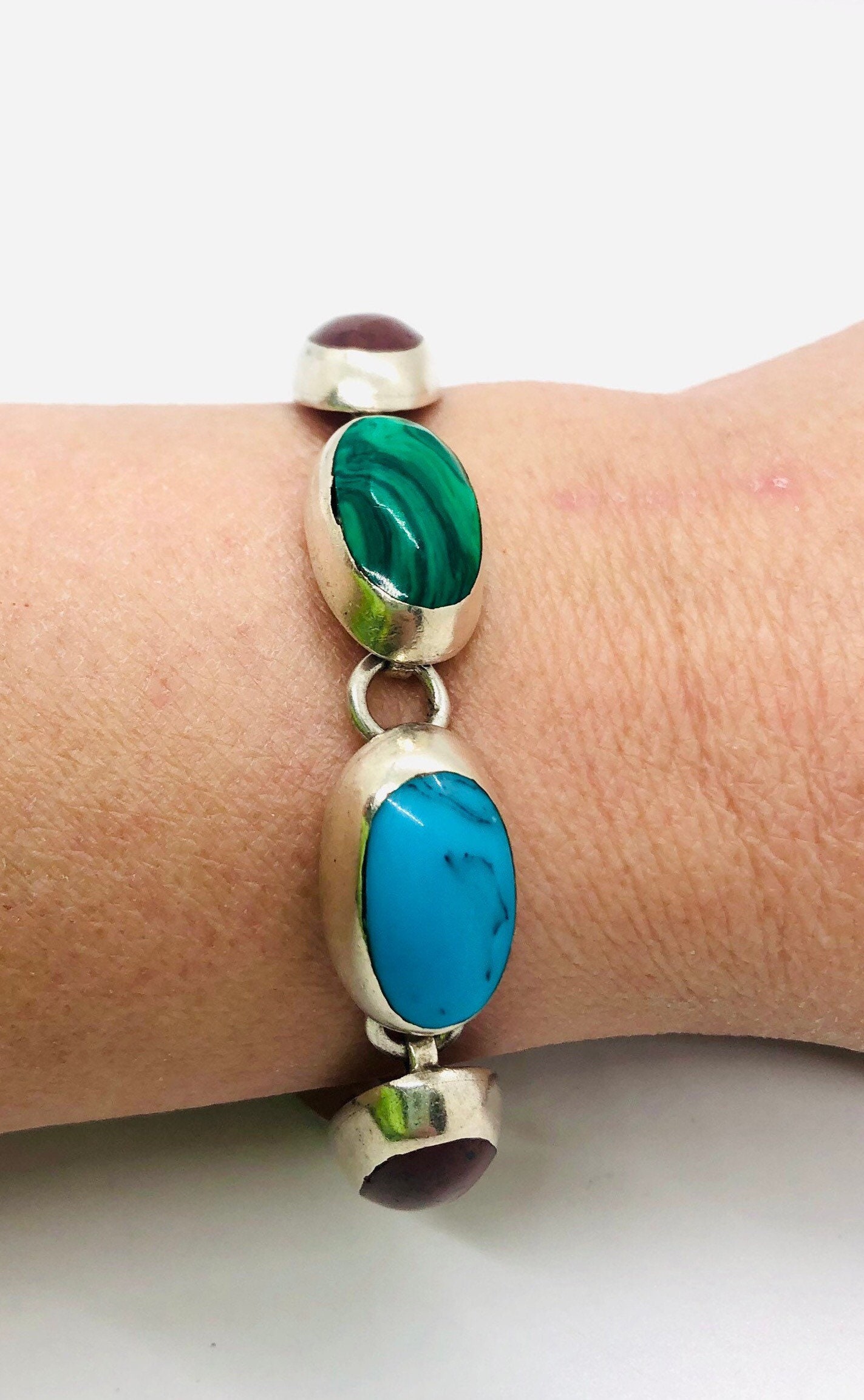 Chunky Sterling Silver Taxco Gemstone Inlay Bracelet Mexico 44gm