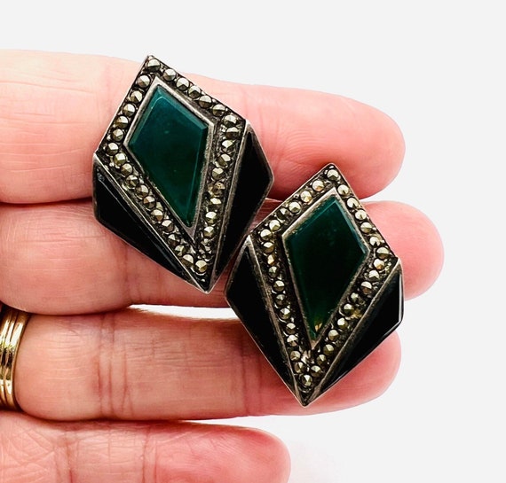 Large Sterling Silver Marcasite & Onyx Earrings C… - image 3