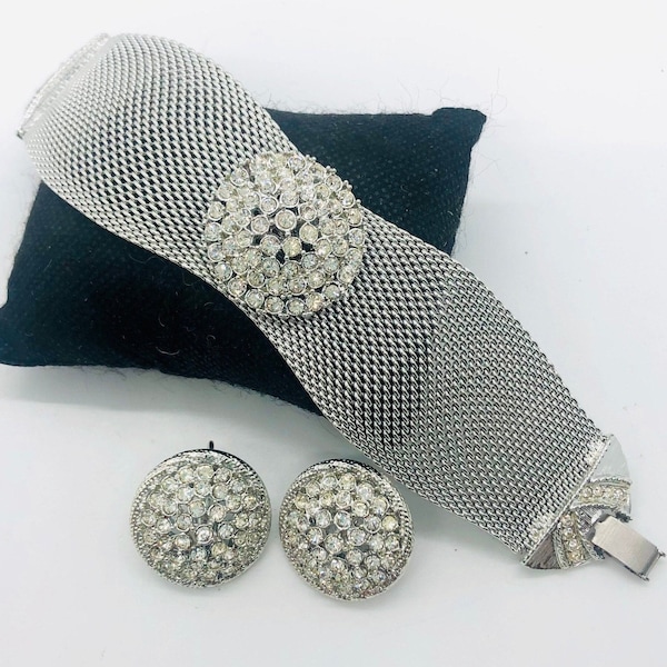 Wide JUDY LEE Mesh Rhinestone Bracelet & Earrings Demi Signed Vintage Designer Jewelry