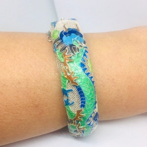 Chinese Export Sterling Silver Enamel DRAGON Bangle Bracelet Vintage Antique Asian Jewelry