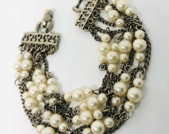 Signed CORO Multi Strand Faux Pearl Beaded Bracelet Ornate Clasp Vintage Designer Jewelry