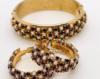 Wide Rhinestone Studded Bangle Bracelet & Earrings Demi Vintage Designer Jewelry