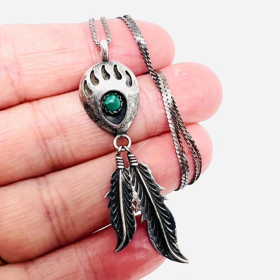 Detailed Vintage Native American Navajo Sterling Silver Feather Turquoise Pendant Detailed Vintage Native American Navajo Sterling Silver Feather Turquoise Pendant