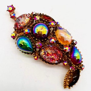 Large HAR Cat’s Eye Foiled Glass & Oil Slick Rhinestone Brooch Vintage Designer Jewelry