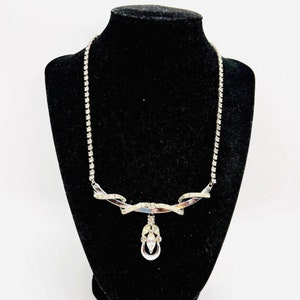 COROCRAFT “Beatrice” Clear Rhinestone Baguette Ribbon Drop Necklace Signed Vintage Designer Jewelry