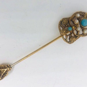 Goldette Ornate Stick Pin Brooch Unsigned Faux Turquoise Pearls Vintage Designer Jewelry