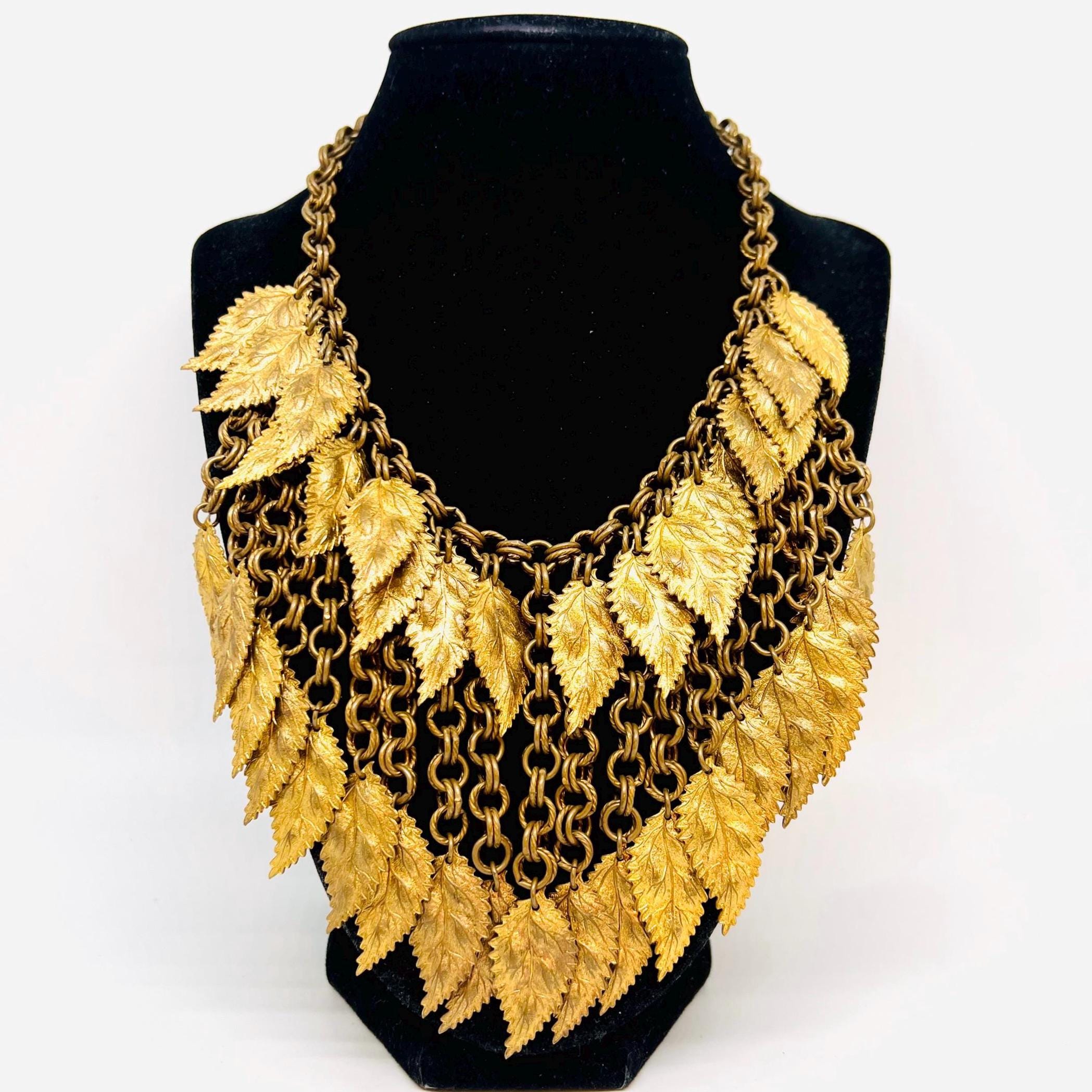 Enormous MIRIAM HASKELL Early Gilt Leaves Bib Necklace Unsigned