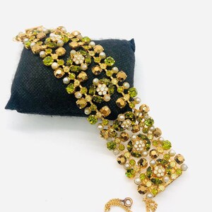 Wide Olivine & Bronze Rhinestone Bracelet Faux Pearls Vintage Designer Jewelry