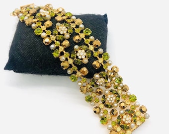 Wide Olivine & Bronze Rhinestone Bracelet Faux Pearls Vintage Designer Jewelry