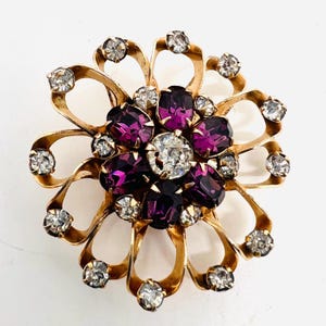 SCITARELLI Amethyst & Clear Rhinestone Pinwheel Brooch Signed Vintage Designer Jewelry