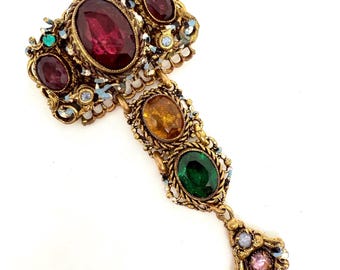 CZECH Multicolored Glass Ornate Enameled Filigree Dangle Brooch Vintage Antique Jewelry