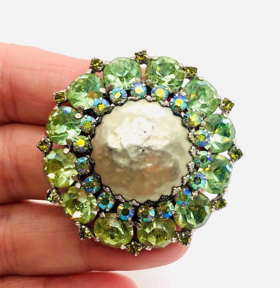 WEISS Pale Green Rhinestone & Faux Baroque Pearl … - image 4