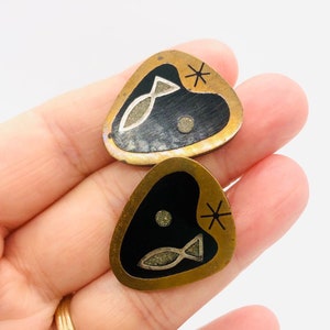 Large Taxco Sterling Silver & Onyx Fish Earrings Mid Century Modernist 12.5g Mexico Gemstone Fine Vintage Designer Jewelry