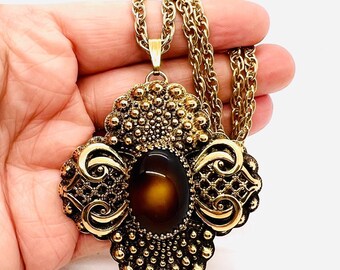 Large Ornate Embossed Tigers Eye Glass Necklace Vintage Designer Jewelry